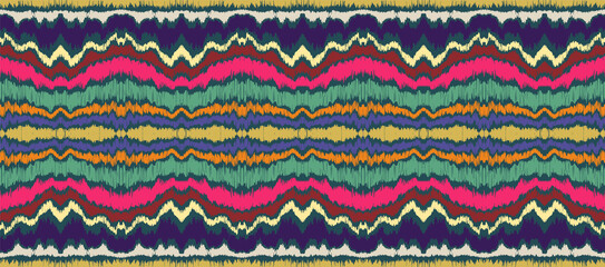 Ikat border. Geometric folk ornament. Ink on clothes. Tribal vector texture. Seamless striped pattern in Aztec style. Ethnic embroidery. Indian, Scandinavian, Gypsy, Mexican, African rug.