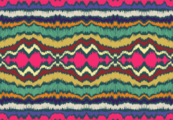 Ikat border. Geometric folk ornament. Ink on clothes. Tribal vector texture. Seamless striped pattern in Aztec style. Ethnic embroidery. Indian, Scandinavian, Gypsy, Mexican, African rug.