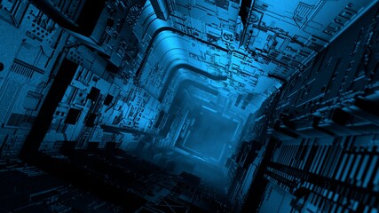 Futuristic circuit board. Science fiction spaceship technology background. Space station design. 3D rendering © CROCOTHERY
