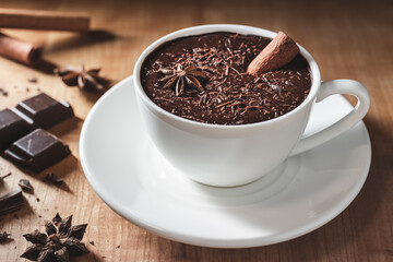 Hot chocolate drink in white cup, broken chocolate, cinnamon stick and star anise on a wooden table