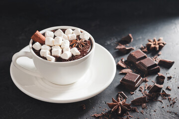 Hot chocolate drink in white cup with marshmallow, cinnamon stick, broken chocolate cubes and star anise on dark background