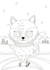 A black and white cute little fox is skating on ice in the forest. Outline Illustration for Happy New Year and Merry Christmas coloring book. Winter design. A4. Vector.