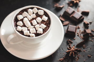 Hot chocolate drink in white cup with marshmallow, broken chocolate cubes and star anise on dark background