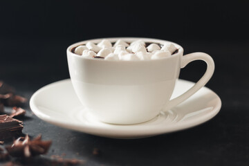 Hot chocolate drink in white cup with marshmallow, broken chocolate cubes and star anise on dark background