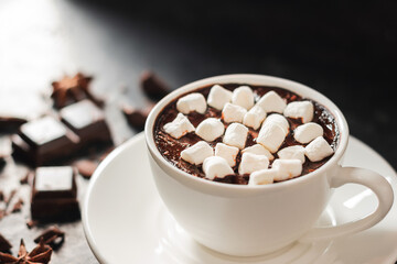 Hot chocolate drink in white cup with marshmallow, broken chocolate cubes and star anise on dark background