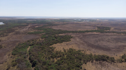 Fotografia aerea de las islas de Santa Fe - Argentina con partes incendiadas, oasis y una gran vegetación 