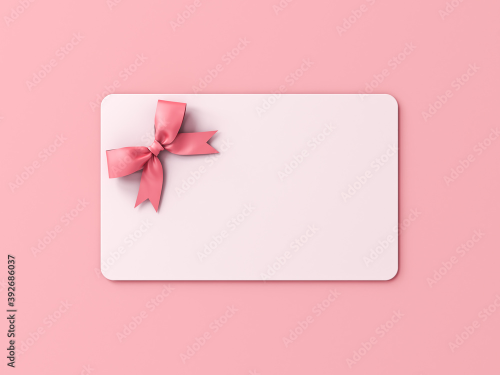 Poster blank white gift card with pink ribbon bow isolated on pink pastel color background with shadow mini