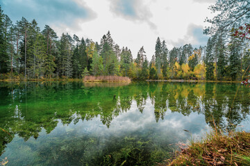 Beautiful blue lake in woods. autumn landscape.