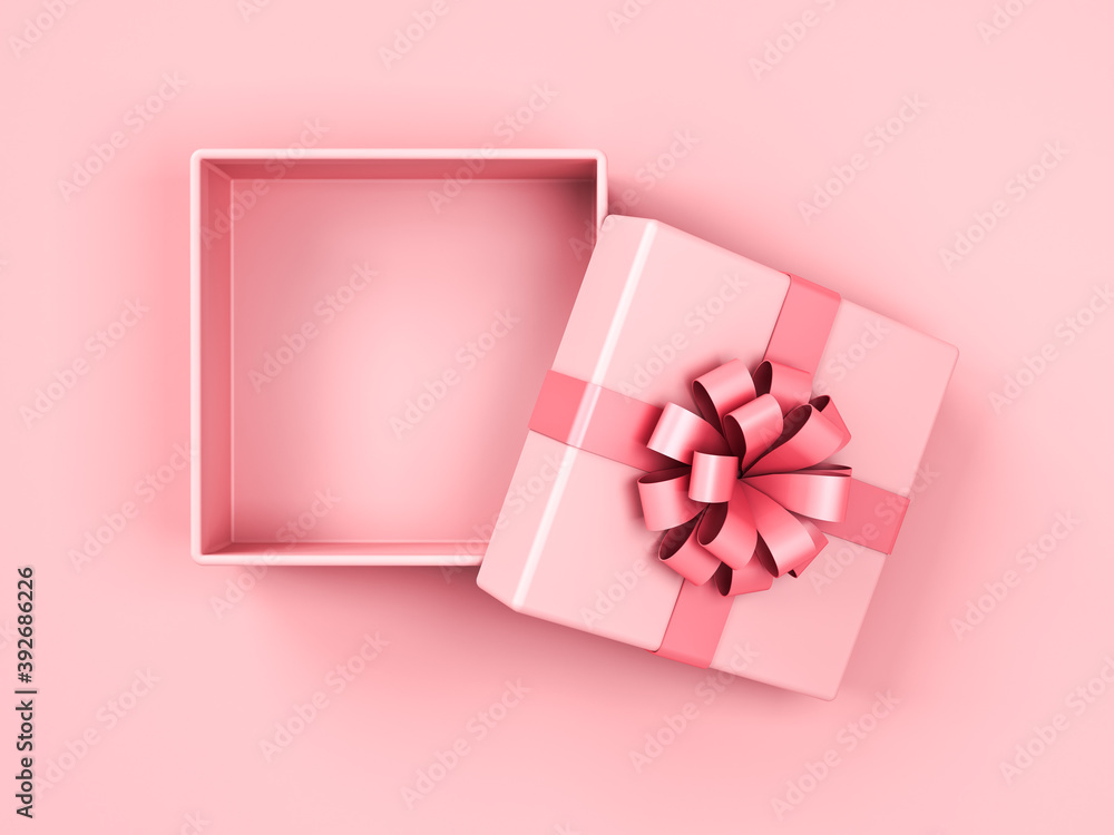 Poster Top view of Blank pink orange present box or open gift box with pink ribbon bow isolated on pink pastel color background with shadow minimal concept 3D rendering