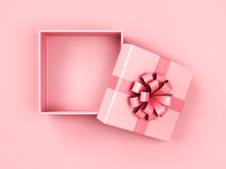 Top view of Blank pink orange present box or open gift box with pink ribbon bow isolated on pink pastel color background with shadow minimal concept 3D rendering