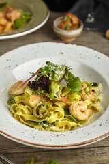 seafood pasta in a restaurant