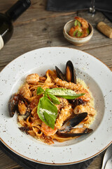 seafood pasta in a restaurant