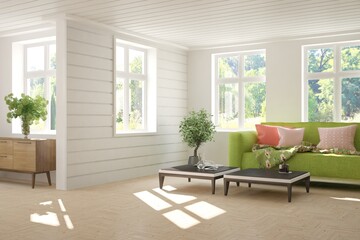 White living room with sofa and summer landscape in window. Scandinavian interior design. 3D illustration