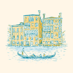 Hand drawn romantic sketch vector illustration of Venice, Italy. Drawing of a canal, houses and gondola isolated on white. Tourism Concept. Vintage color design for print, postcard, poster © GaliChe