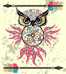 Cute Cartoon tribal Owl with feathers on a white background