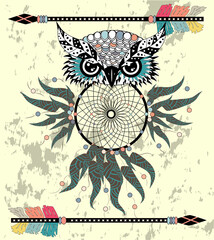 Cute Cartoon tribal Owl with feathers on a white background