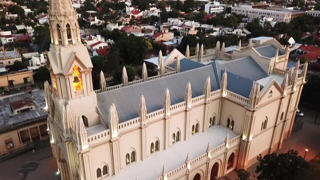 Santa Fe City, Argentina. Aerial View of Basilica Nuestra Senora de Guadalupe.  Catholic Cathedral and Landmark on Evening, Tilt Down Drone Shot