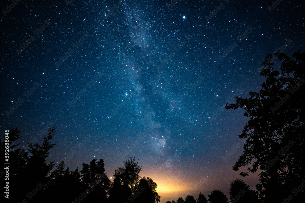 Wall mural overhead milky way with stars in clear summer night. country side.