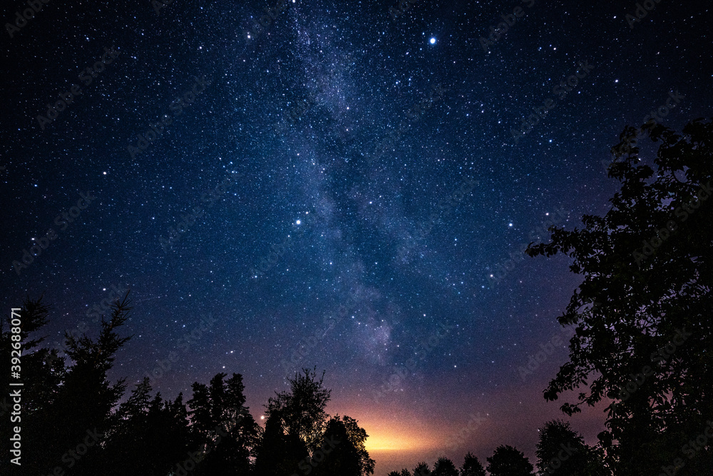 Wall mural overhead milky way with stars in clear summer night. country side.