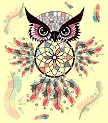 Artistic owl with Dreamcatcher. Graphic arts, dotwork