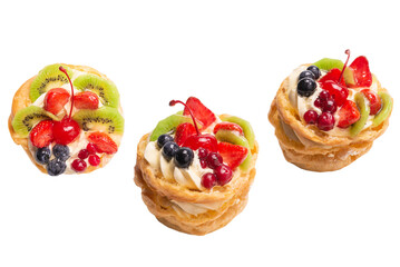 Home made cake with cream and fruits isolated.