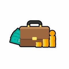 Briefcase, Dollar money cash icon, Gold coin stack Black Stroke and Shadow icon vector isolated.