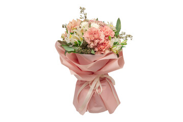 Bouquet of  soft pink flowers in pink wrapping paper.