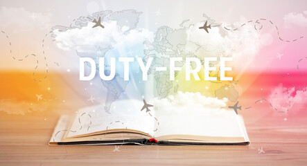Open book with DUTY-FREE inscription, vacation concept