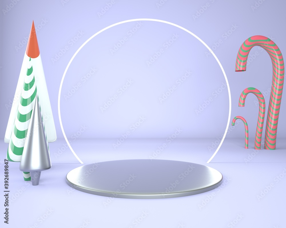 Poster christmas background with christmas tree and stage for product display. 3d rendering.