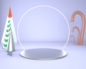 Christmas background with Christmas tree and stage for product display. 3d rendering.