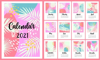 Calendar for 2021. Fashionable calendar in Scandinavian style. The modern planner. Tropical hand-drawn decorative Botanical elements, diary page design. Vector template.