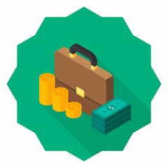 Briefcase, Dollar money cash icon, Gold coin stack left view icon vector isometric.