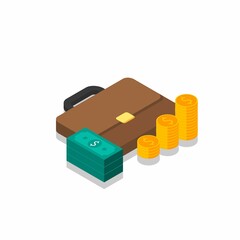 Briefcase, Dollar money cash icon, Gold coin stack right view Shadow icon vector isometric.