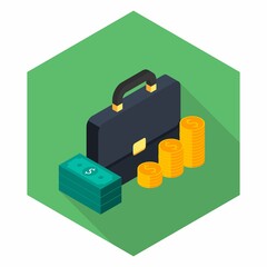 Briefcase, Dollar money cash icon, Gold coin stack right view icon vector isometric.