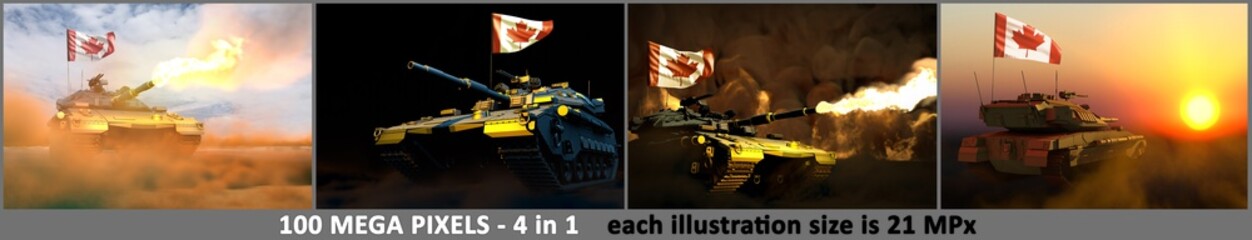 4 pictures of highly detailed tank with not existing design and with Canada flag - Canada army concept with place for your content, military 3D Illustration