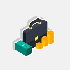 Briefcase, Dollar money cash icon, Gold coin stack right view White Stroke and Shadow icon vector isometric.