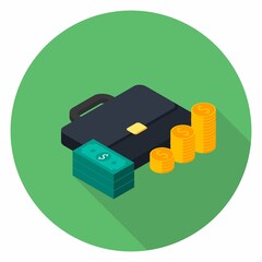 Briefcase, Dollar money cash icon, Gold coin stack right view icon vector isometric.