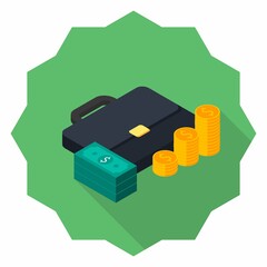 Briefcase, Dollar money cash icon, Gold coin stack right view icon vector isometric.