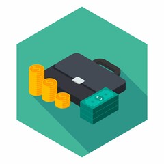 Briefcase, Dollar money cash icon, Gold coin stack left view icon vector isometric.