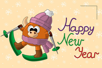 Christmas card with cute cartoon bull and skis