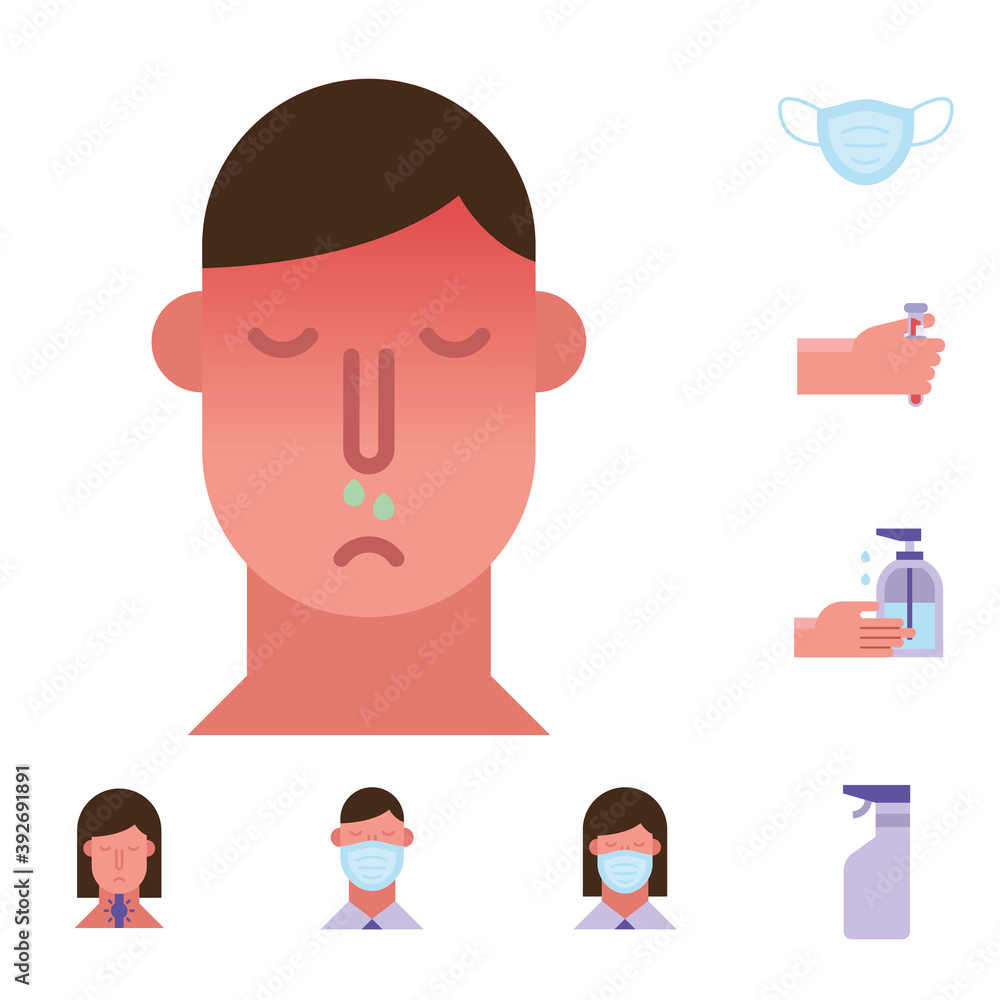 Poster man with flu and bundle of covid19 set icons