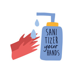sanitizer your hands lettering campaign in bottle hand made flat style