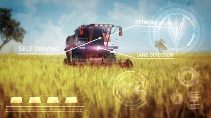 Industrial 3D 4K 60 fps animation with digital overlays of autopilot harvester combine working on the rural field - Powered by Adobe
