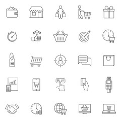 Buyer customer line icons set. Contactless payment card, shopping cart and group of people. Store, buyer loyalty card, client ranking set icons. Online payment, shopping timer, currency. Eps10