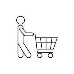 Man with a shopping trolley icon. Outline man with a shopping trolley vector icon for web design isolated on white background. Web design, mobile app.