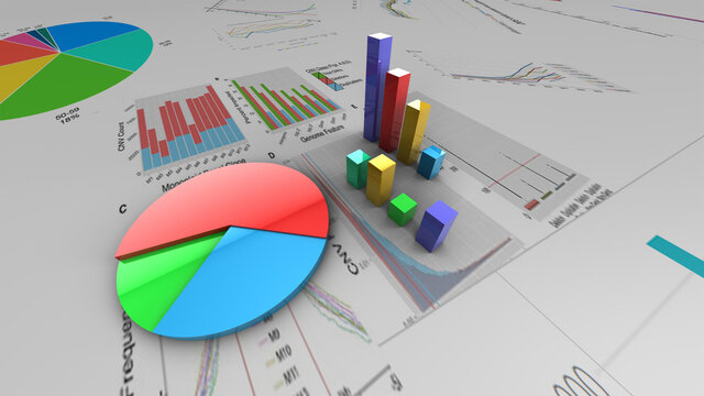 Mod&egrave;le 3D de statistiques - Histogrammes, diagrammes, graphiques pour illustration de diaporama
