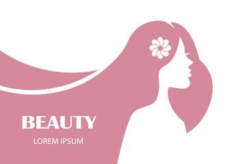 graceful female profile silhouette with long hair in delicate pink color and flower