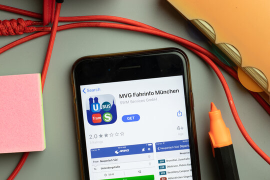 New York, United States - 7 November 2020: MVG Fahrinfo Munchen app store logo on phone screen, Illustrative Editorial