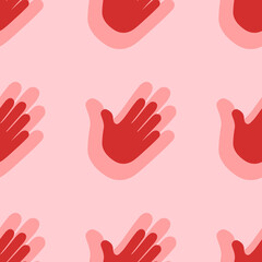 Seamless pattern of large isolated red hands. The elements are evenly spaced. Vector illustration on light red background