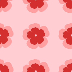 Seamless pattern of large isolated red geraniums. The elements are evenly spaced. Vector illustration on light red background